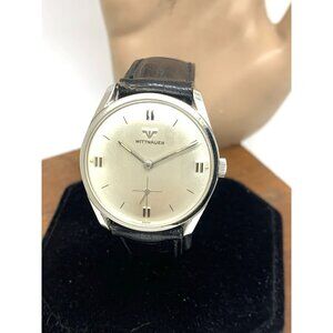 Wittnauer Mens Watch Vintage Swiss Hand Wind Silver Dial 33mm Black Leather Band